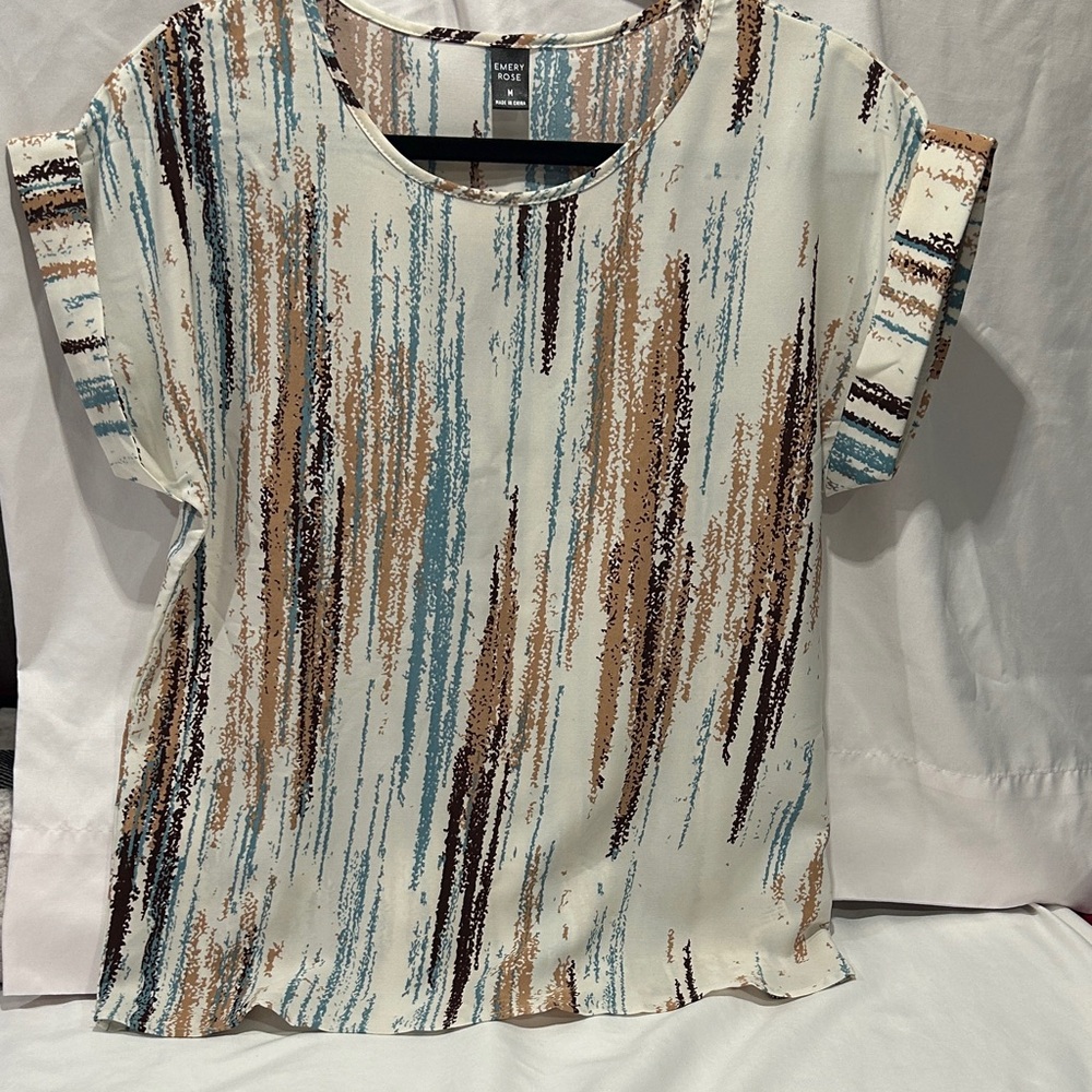 Trendy Abstract Stripe Blouse - Blue, Brown, Cream